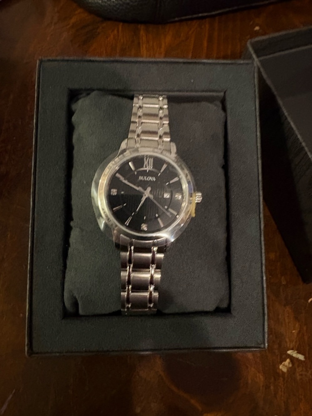 Bulova Silver Stainless Steel Watch with Black Dial